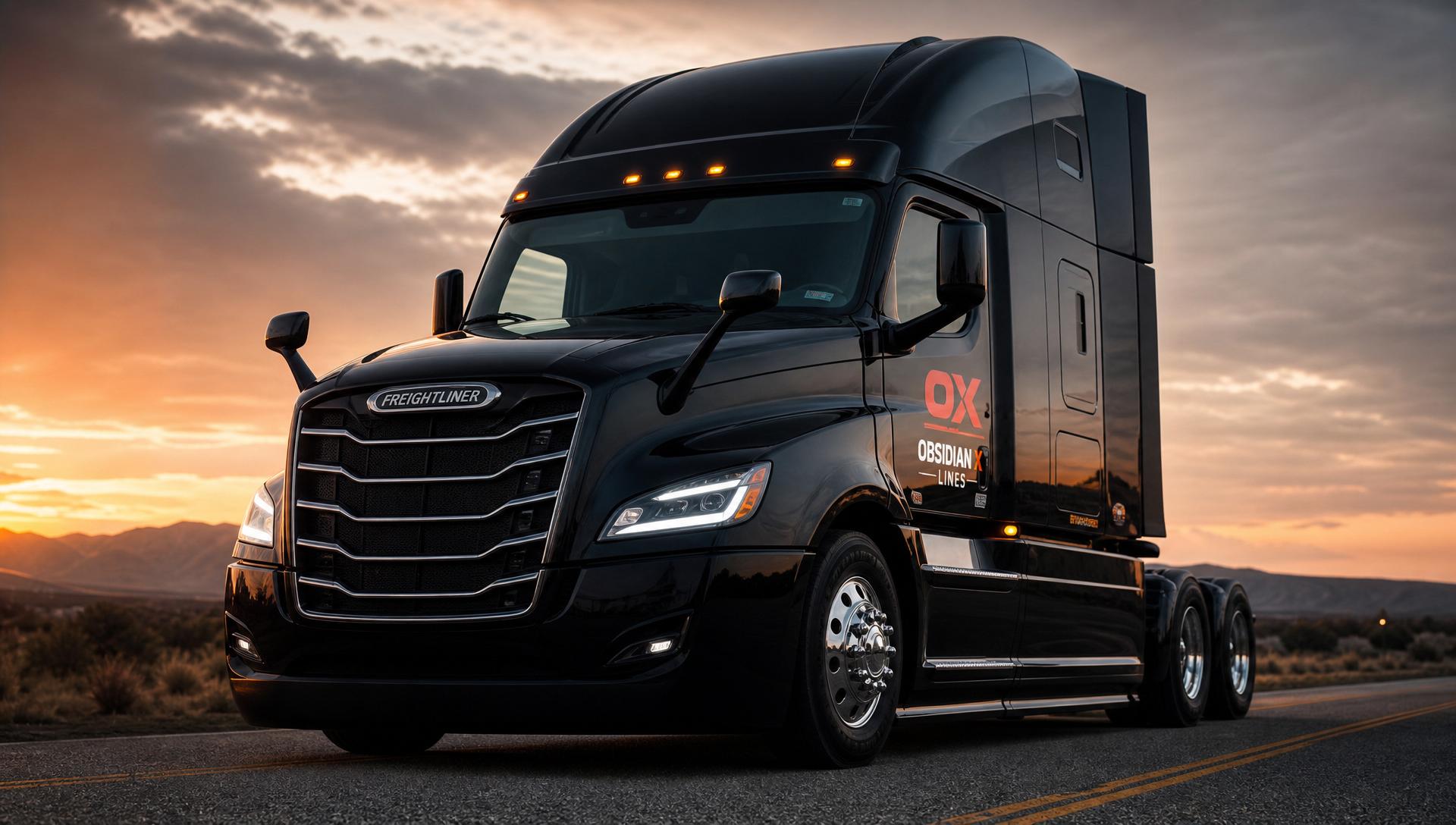 2026 Freightliner Cascadia in Obsidian X Lines livery at sunset